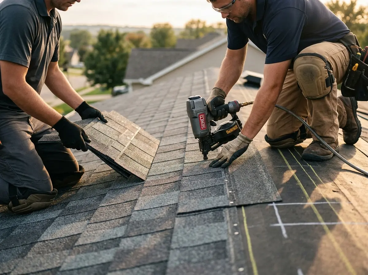 Professional roofer working on a residential roof in Highlands